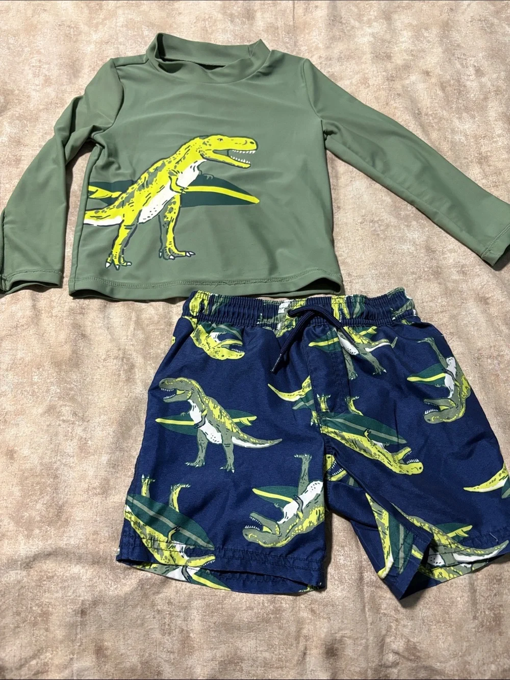 Carter's Olive Green Rash Guard & Navy Dino Swim Trunks